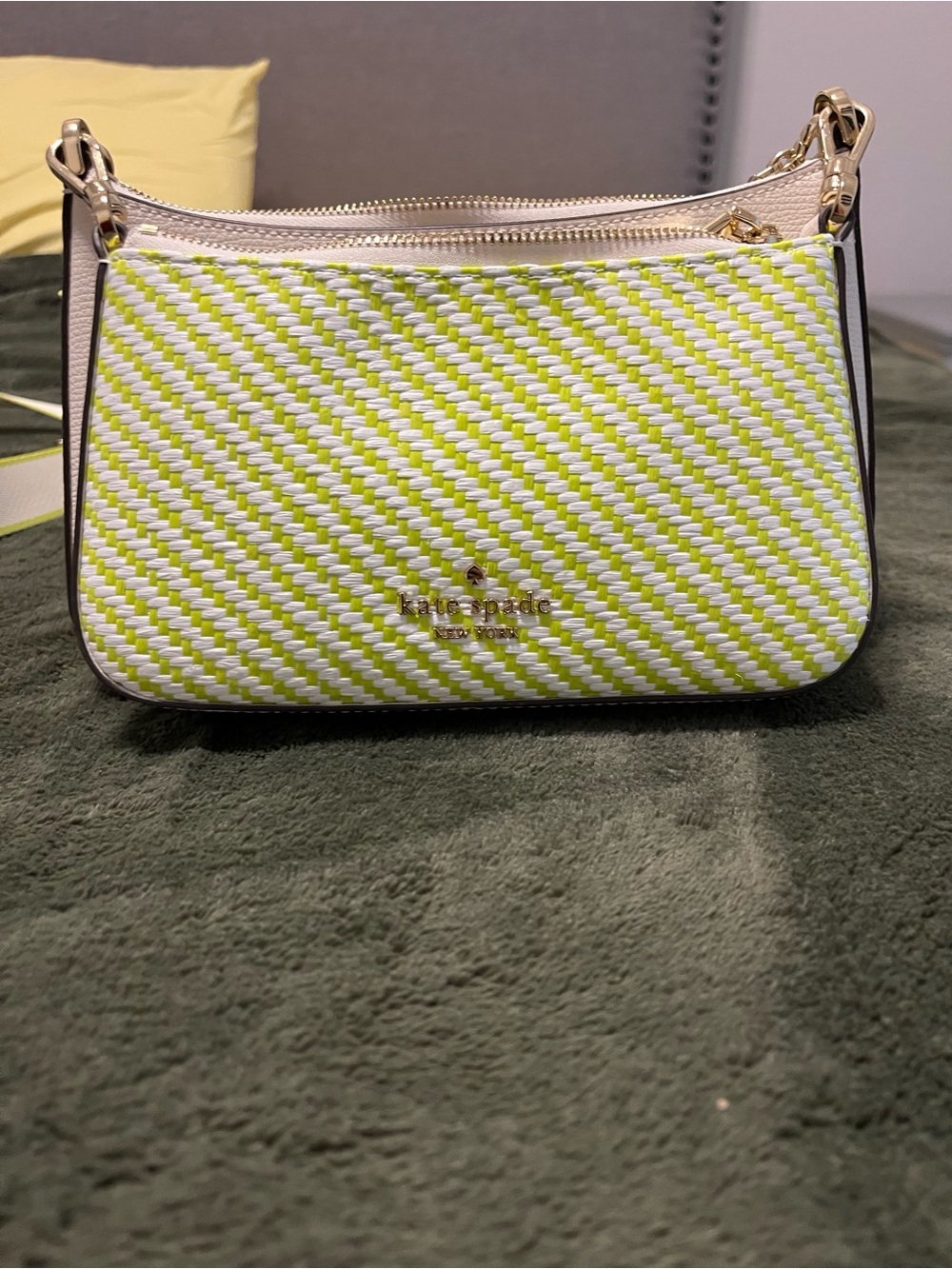 kate spade Neon Yellow & White Woven Crossbody Bag with Gold Hardware